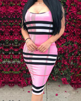 Grid Spaghetti Strap Backless Midi Dress