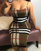 Grid Spaghetti Strap Backless Midi Dress