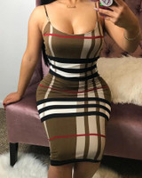 Grid Spaghetti Strap Backless Midi Dress