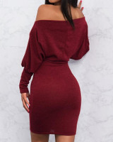 Skew Neck Puffed Sleeve Belted Bodycon Dress
