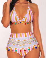 Striped Pom Pom High Waist Bikini Set