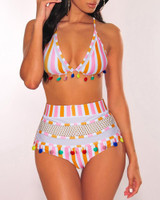 Striped Pom Pom High Waist Bikini Set