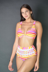 Striped Pom Pom High Waist Bikini Set