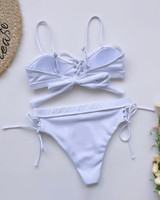 Solid Spaghetti Strap Bandage Ribbed Bikini Sets