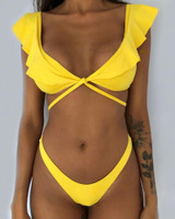 Solid Ruffles Tied Bikini Set