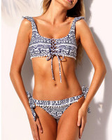 Ethnic Print Pom Pom Lace Up Bikini Sets