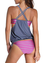 Crew Neck  Backless  High Stretch  Striped One Piece