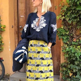 V neck Casual Tribal Printed Frill Sleeve Blouse