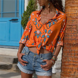 Long Sleeve Floral Casual Turn Down Collar Ladies Blouses