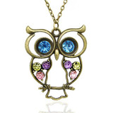 (Lot of 10Pcs) Wholesale Vintage, Retro Colorful Crystal Owl Pendant and Long Chain Necklace
