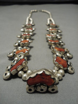 283 Gram Vintage Native American Navajo Coral Sterling Silver Squash Blossom Necklace Old