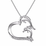925 Sterling Silver Double Dolphin Love Heart Vintage Pendant Necklace, Box Chain 18"