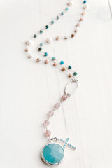 Faceted Amazonite Stone & Cross Pendant on Amazonite, Pearl & Morganite Necklace