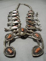 Heavy Vintage Native American Navajo Coral Sterling Silver Native Squash Blossom Necklace Heavy Vintage Native American Navajo Coral Sterling Silver Native Squash Blossom Necklace