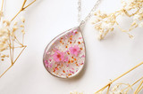 Real Dried Flowers and Resin Necklace, Silver Teardrop in Pink Orange and Silver Foil