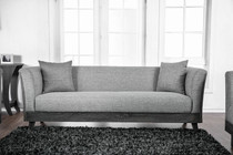 Fabric Upholstered Wooden Sofa with Flared Armrest and Angled Legs, Gray