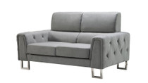 Fabric Upholstered Wooden Loveseat with Tufted Armrest and Steel Legs, Gray