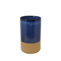 Ceramic Two Toned Vase with Irregular Mouth Rim and Round Bottom, Brown and Blue
