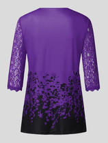 V-Neck Elbow Sleeves Lace Printed Loose Blouse