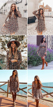 Boho Floral Print Dress Women Lantern Long Sleeve Pleated Dresses