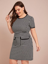 Plus Contrast Binding Houndstooth Fitted Dress