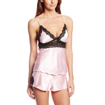 2pcs Set Sexy Women Satin Lace Sleepwear Babydoll Lingerie Nightdress Pajamas