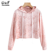 Dotfashion Velvet Drawstring Crop Hoodie Sweatshirt 2017 Autumn Women Pullovers Pink Long Sleeve Casual Sweatshirt