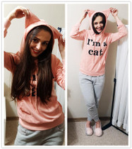 Dotfashion Slogan Print Front Cat Ear Marled Cute Top Autumn Pink Woman Hoodie Sweatshirt 2017 Long Sleeve Sweatshirt