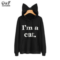 Dotfashion Slogan Print Cat Ear Kawaii Hoodie Sweatshirt 2017 New Black Print Cute Pullovers Long Sleeve Casual Sweatshirt