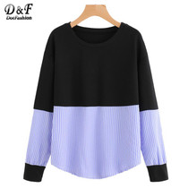 Dotfashion Contrast Stripe Drop Shoulder Sweatshirt Woman Round Neck Long Sleeve Pullover 2017 Ladies Autumn Sweatshirt