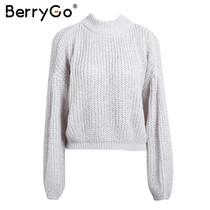 BerryGo Elegant black vintage knitted sweater Women casual long lantern sleeve jumper pullover Autumn winter loose grey sweater