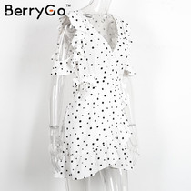 BerryGo Cold shoulder dot print ruffle sexy dress Irregular bow chiffon vintage short dress Women elegant summer dress vestidos
