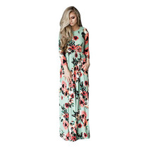 ELSVIOS 2017 Summer Boho Beach Dress Fashion Floral Printed Women Long Dress Three Quarter sleeve Loose Maxi Dress Vestidos