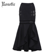 Rosetic Gothic Mermaid Lace-Up Black Trumpet Long Skirt Fashion Bandage Pleated Ruffles Elegant Women Party Sexy Slim Skirts