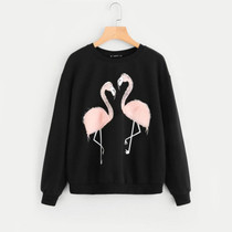 ROMWE Female Faux Fur Flamingo Sweatshirt Autumn Long Sleeve Pullover 2017 Woman Black Round Neck Casual Sweatshirt