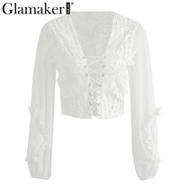 Glamaker Hollow out mesh white lace blouse shirt Women tops transparent lace up casual blouse See-through female blouse blusas