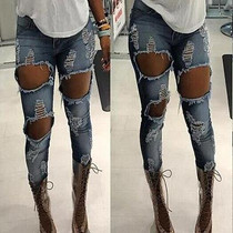 2017 COOL Women Denim Skinny Ripped Pants High Waist Stretch Hole Jeans Slim Pencil Trousers
