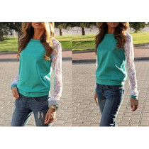 Lace Blouses Shirts Women Long Sleeve Blouse Shirt Blusa Tops Solid O Neck Casual Shirts 5 Colors lace sleeve patchwork
