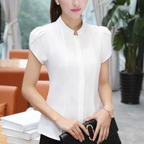 AIJI summer stand collar women shirts OL office puff short sleeve chiffon blouses ladies formal work wear clothes slim tops