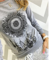 2017 New Womens Autumn Long Sleeve Hoodie Sweatshirt Print Ethnic Flower Casual Hooded Coat Pullover