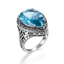 Vintage Baroque Style Water Drop Blue Aquamarine Gemstone Ring for Women