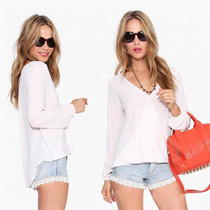 Blusas Femininas 2016 New Women V Neck Solid Chiffon Blouse Sexy lady Long Sleeve Blous Fashion Blouses Shirt 4 Colors Tops