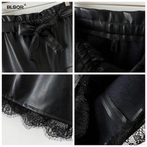 BLSQR Women Lace Patchwork PU Leather Mini Skirts Black Lace Patchwork Bodycon Pencil Skirts Sashes Pockets Lady Casual Skirt