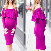 Maternity Solid Color Ruffles Off Shoulder Dress