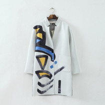 2015 Trench Coat Women Coat Graffiti Print V-Neck Space Cotton     Spring Autumn Coat   Plus Size outer garment