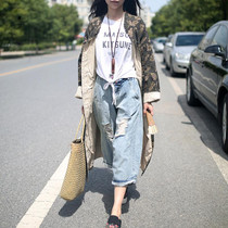 New Spring Coat For Women 2016 Long Trench Coat Chinese Windbreaker Leaves Print Mandarin Collar Cotton Linen Autumn Overcoat