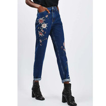 Fashion 2017 American Women High Waist Jeans  Floral Embroidery skinny Woman Blue Denim Pants  Pencil Jeans XCWM6105