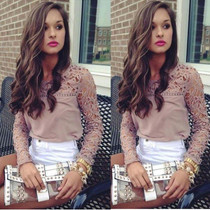 2017 Fashion Women Sexy Lace Crochet Embroidery Tops Long Sleeve Shirt Casual Blouse