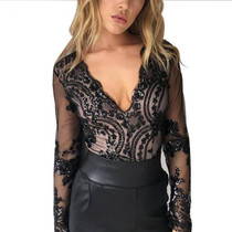 2017 Autumn New Women Blouse Vintage Sexy Deep V Neck Tops Embroidery Floral Blusas Transparent lace Long Sleeve Womens Shirt