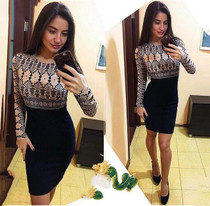 2017 autumn new fashion women elegant print dress casual o-neck long sleeves bodycon dresses sexy slim sheath dress vestidos